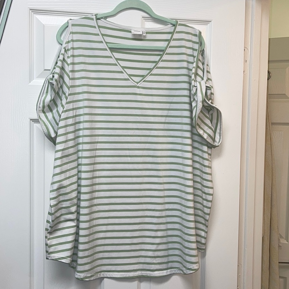 Striped open shoulder top